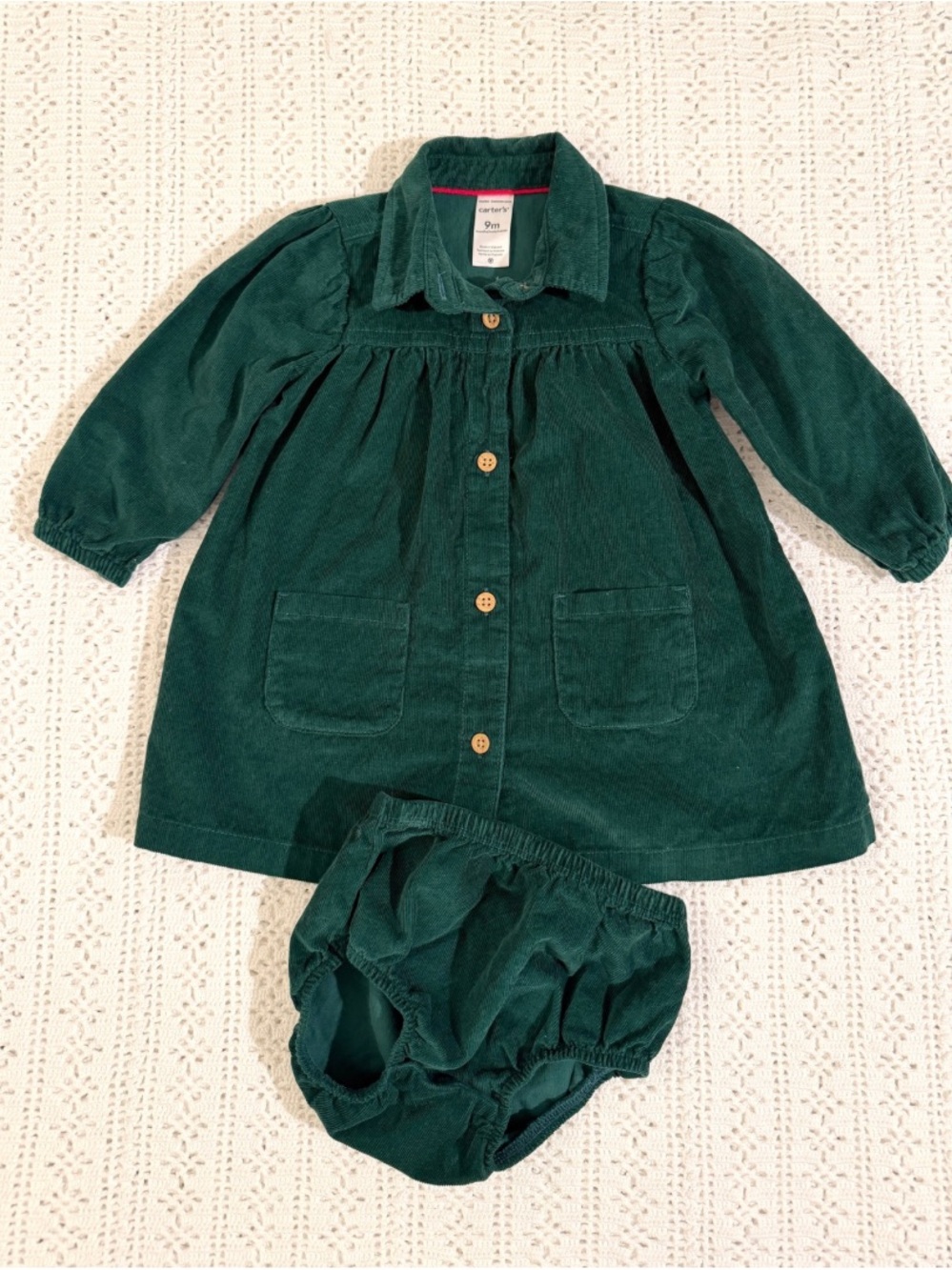 New Baby Girls Fall Winter Deep Green Corduroy Dress and Diaper Cover